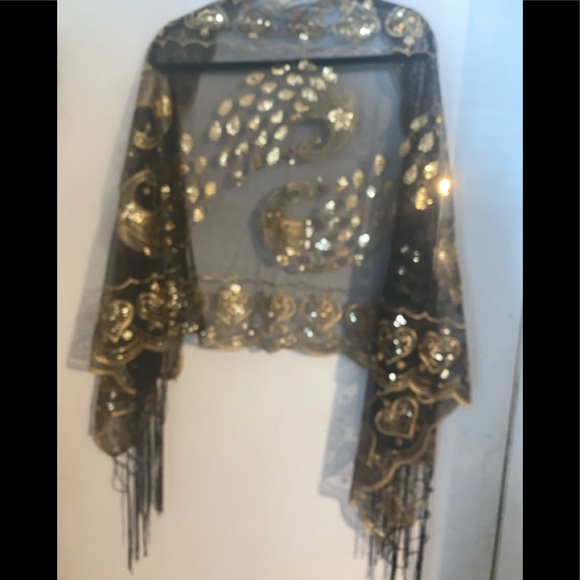 Peacocks Sequin Cape Evening Shawl Wrap - Picture 8 of 13
